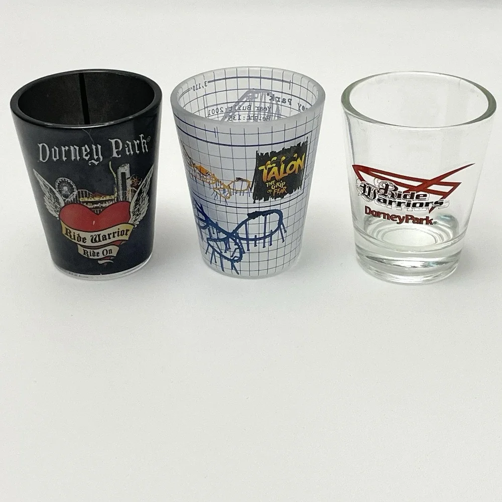 Set Of 3 Dorney Park Shot Glasses Ride Warriors Talon Roller Coaster Souvenirs